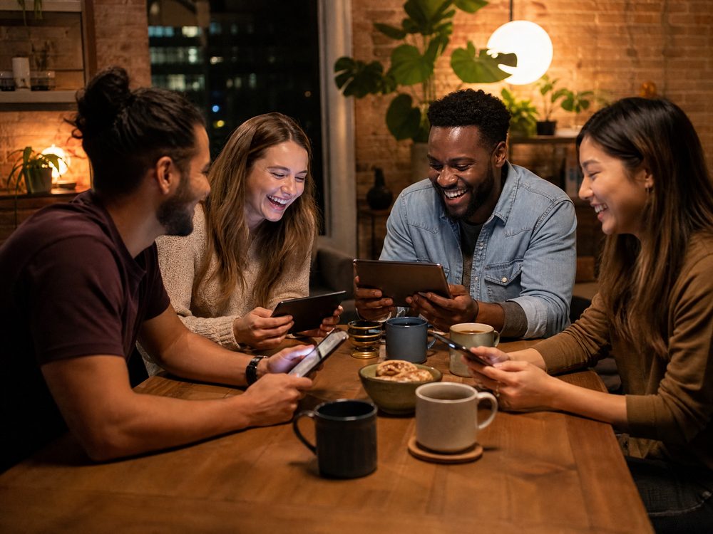 A group of friends playing casual games together in a warmly lit room
